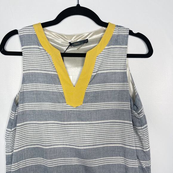 New THML XSmall XS Blue Yellow Striped Sleeveless Shift Dress Split VNeck Cotton - Picture 3 of 9